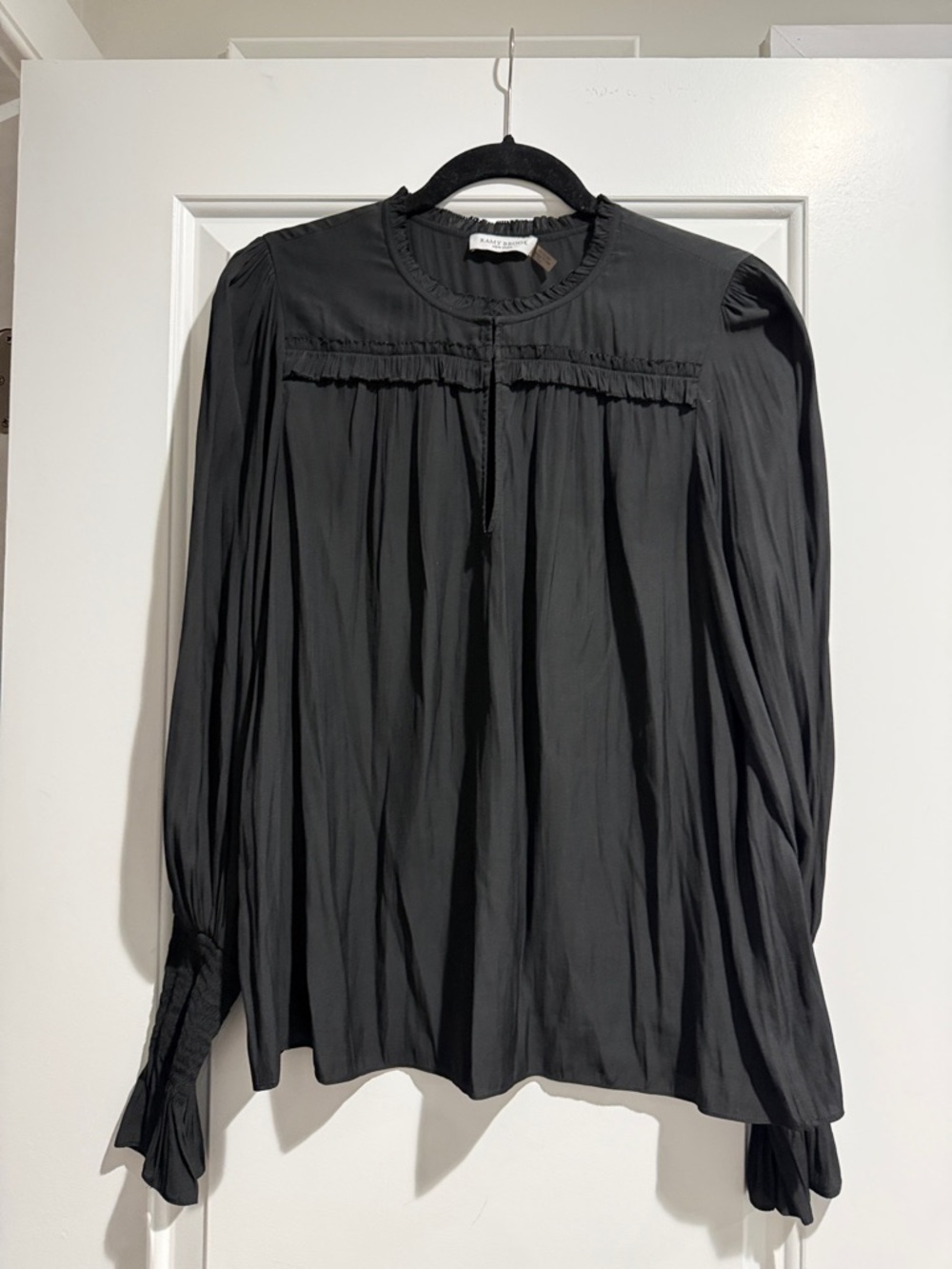 Ramy Brook Black Long-Sleeve Ruffled Yoke Women's Top with smocked sleeves